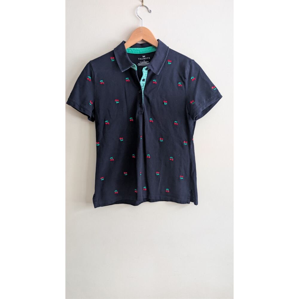 Talbots Women’s Polo Shirt Sz M Cherry Print Navy‎ Short Sleeve Collared Preppy